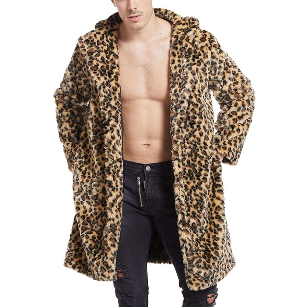 Amazon.com: Men's Leopard Faux Fur Long Coat Winter Warm